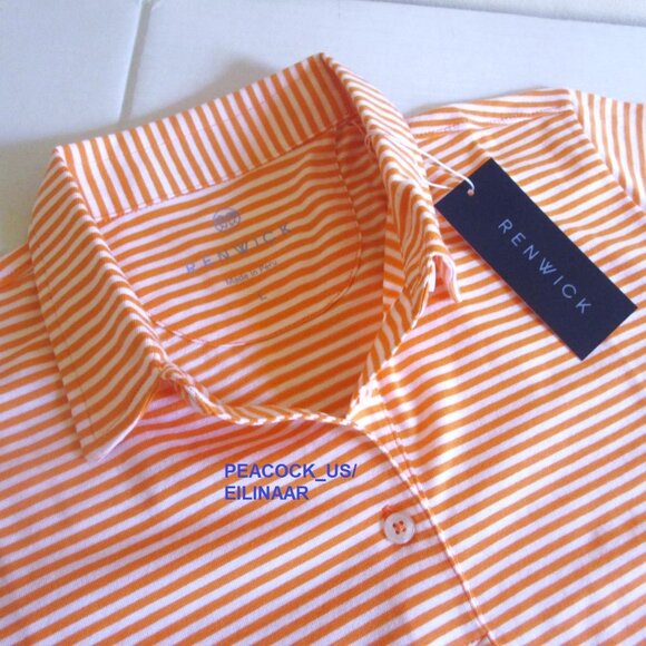 RENWICK Pima Cotton Golf Polo Shirt LARGE Short Sleeve Orange White Stripe $90 - Picture 4 of 5